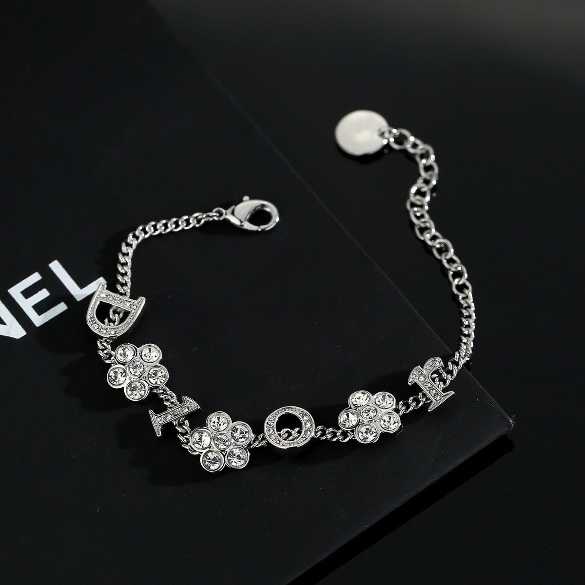 Floral Motif Pendant Necklace in Polished Metal-Tone with Crystal-Style Accents – Design 001 side detail