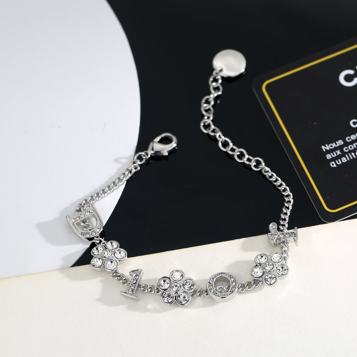 Floral Motif Pendant Necklace in Polished Metal-Tone with Crystal-Style Accents – Design 001 detail view