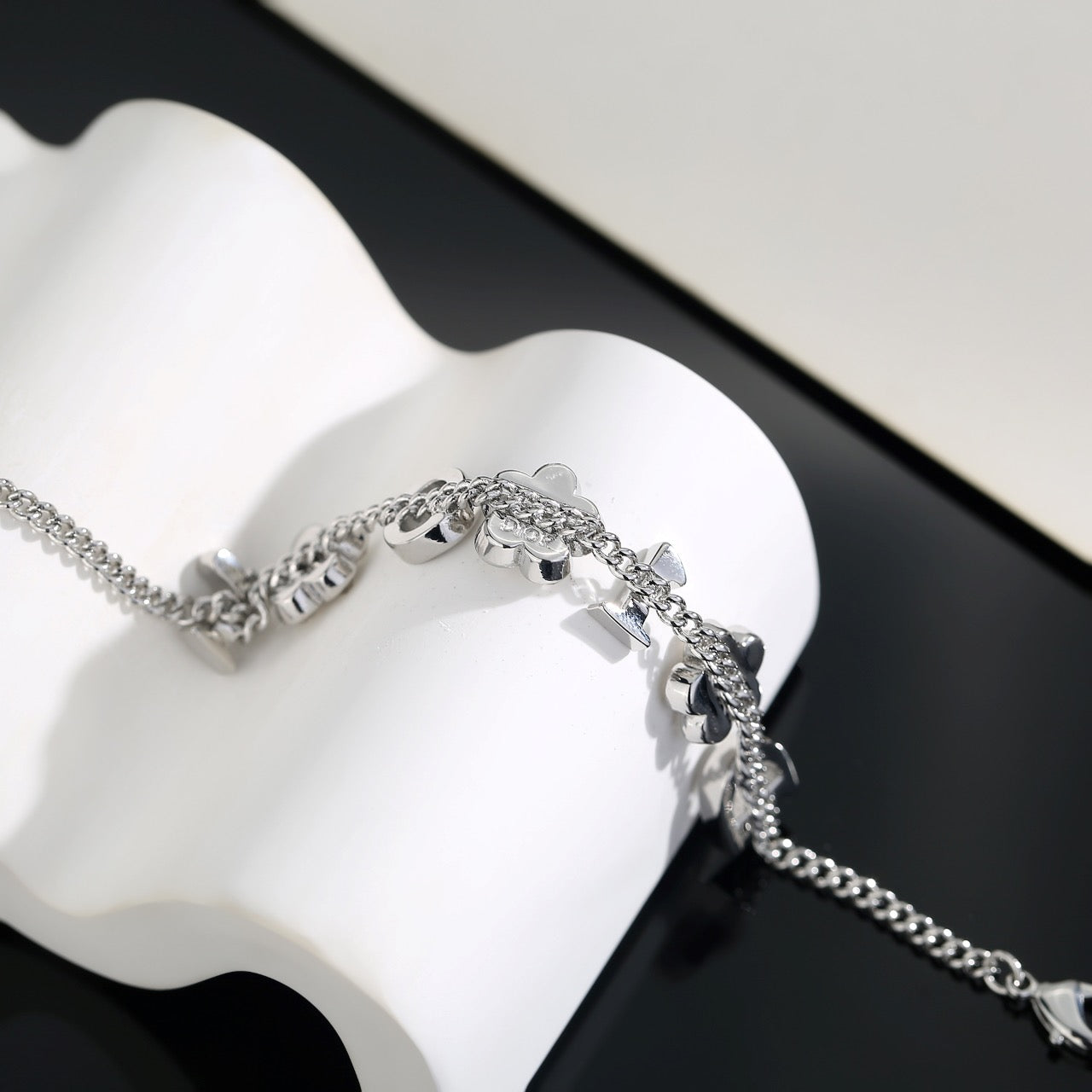 Floral Motif Pendant Necklace in Polished Metal-Tone with Crystal-Style Accents – Design 001 close-up detail
