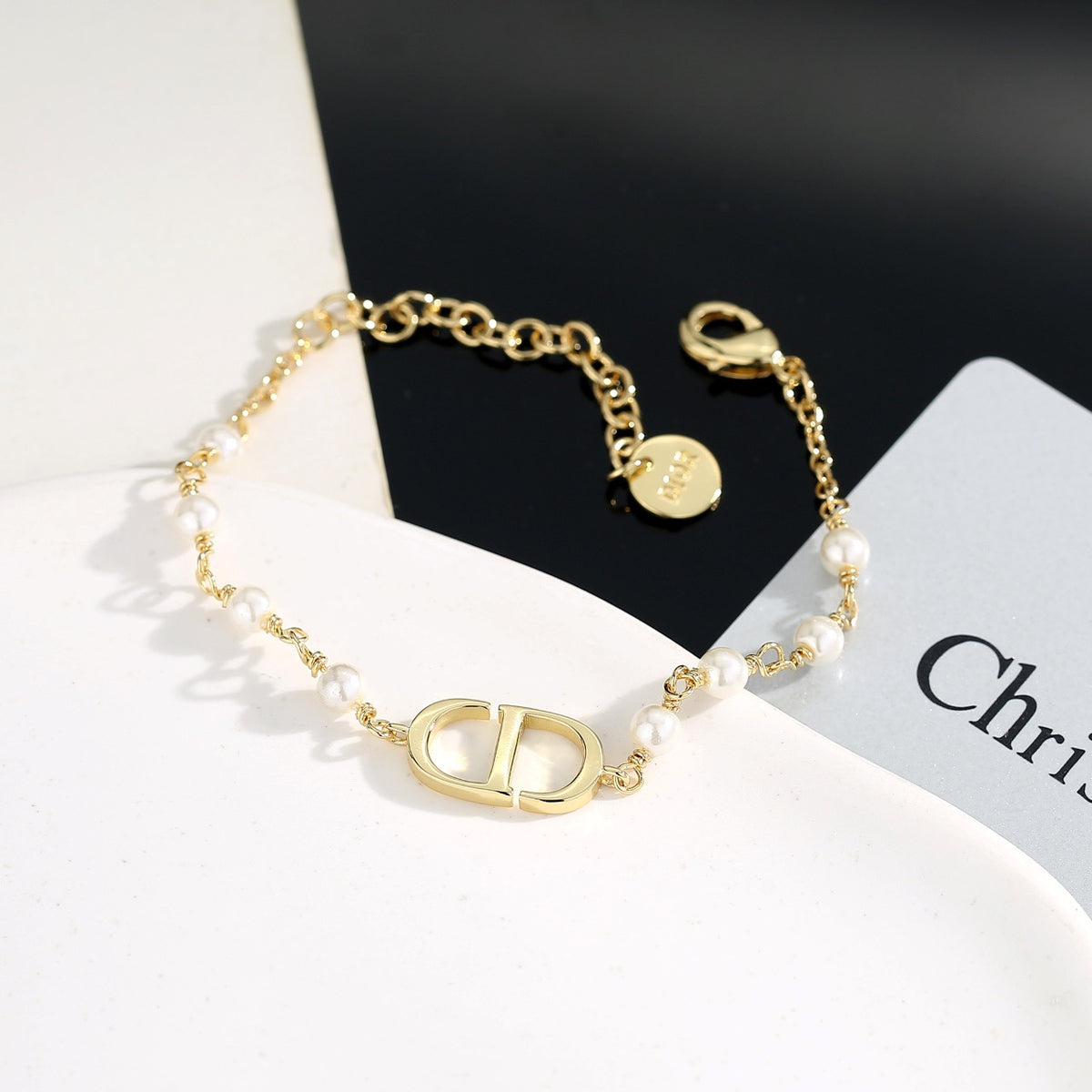 Pearl-Style Motif Statement Bracelet in Polished Metal-Tone with Pearl-Style Detail – Design 004 front view