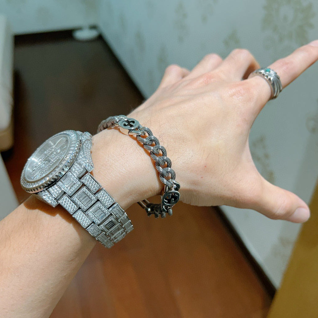 Geometric Emblem Bracelet in Polished Metal-Tone – Design 034 side detail