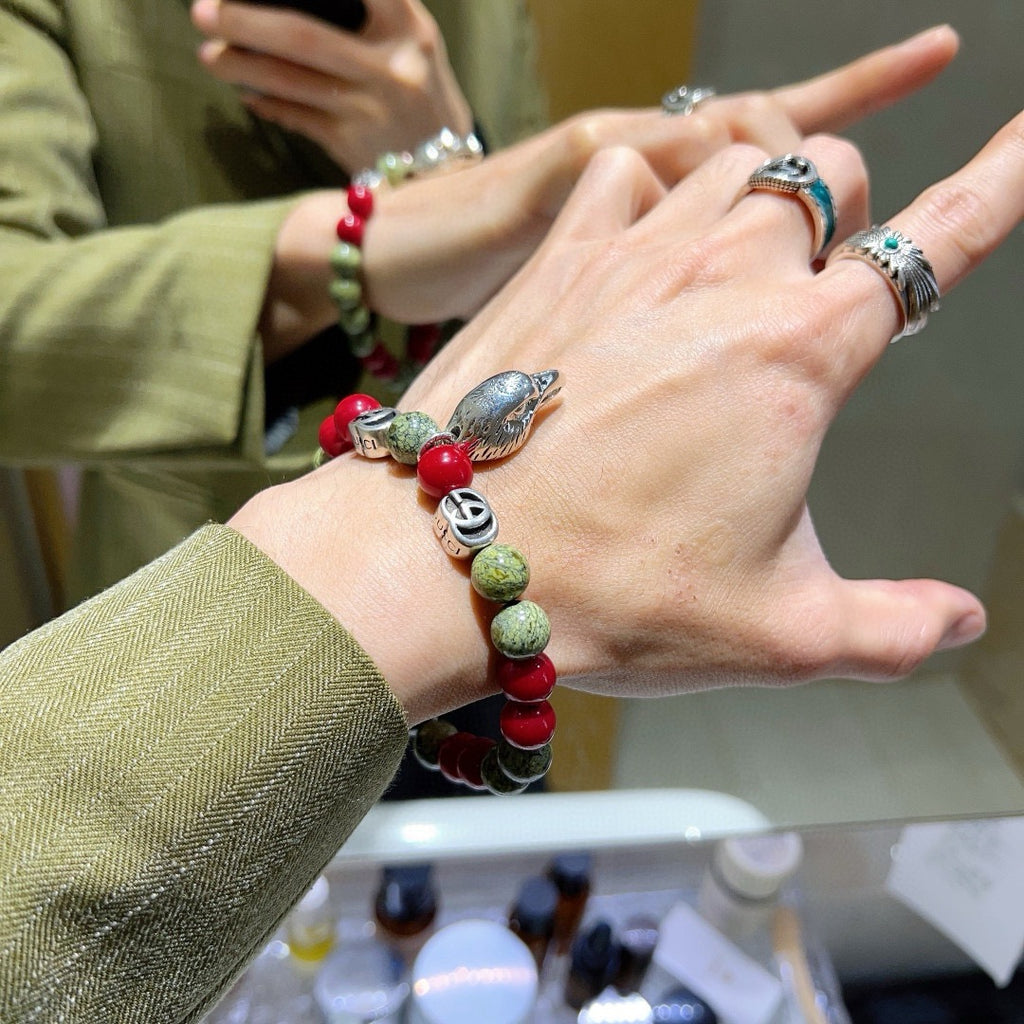 Double-G Emblem Beaded Bracelet in Polished Metal-Tone – Crystal Detail – Design 012 styled product view