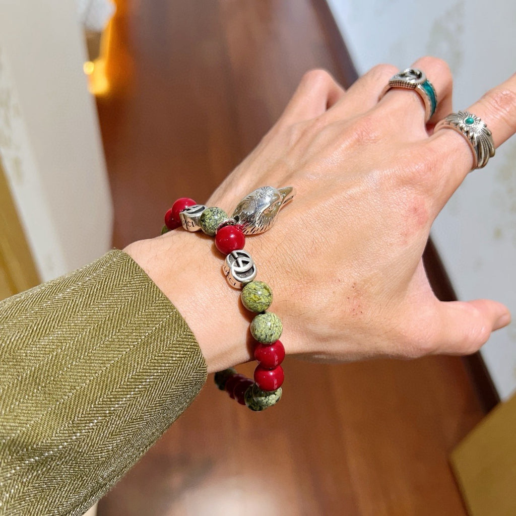 Double-G Emblem Beaded Bracelet in Polished Metal-Tone – Crystal Detail – Design 012 front product view