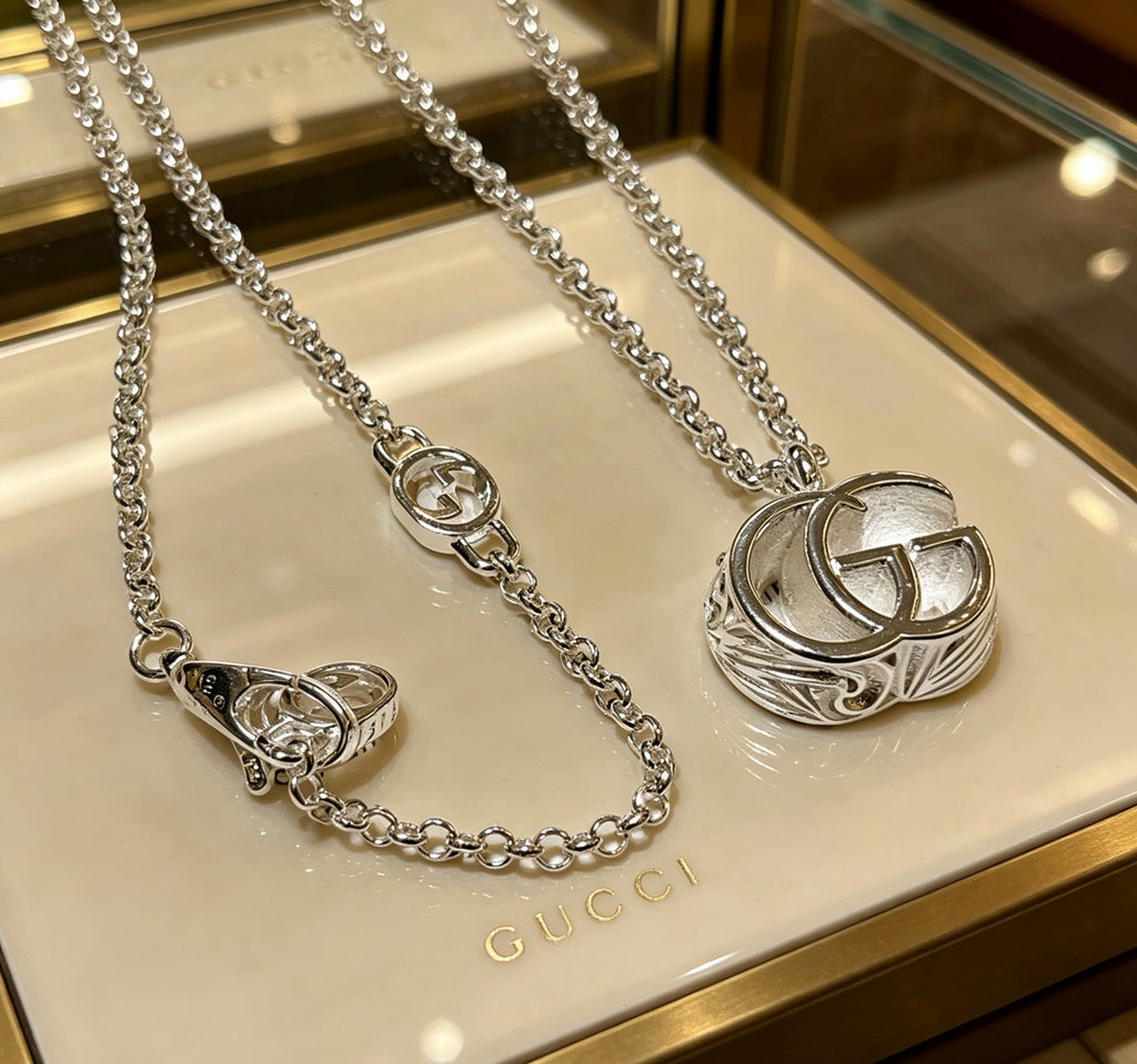 Double-G Emblem Pendant Necklace in Polished Metal-Tone – Design 079 front product view