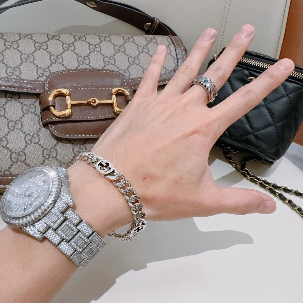 Geometric Emblem Bracelet in Polished Metal-Tone – Design 053 detail view
