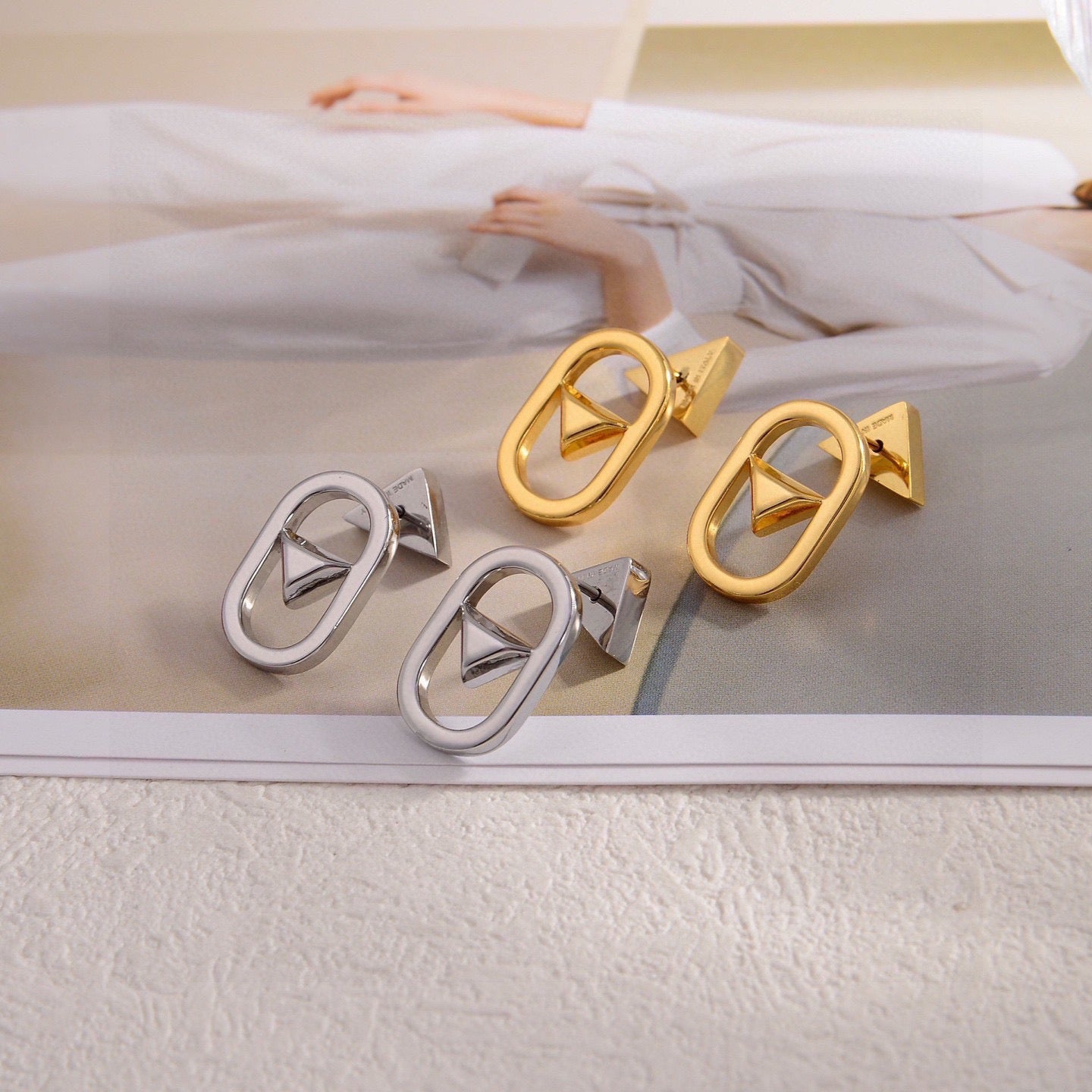 Triangle Stud Earrings in Gold-Tone – Triangle Detail – Design 02 main product view