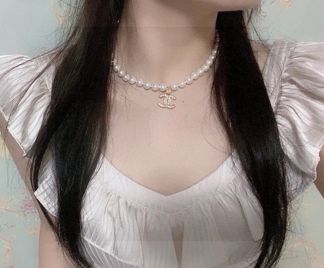 Double-C Emblem Pearl-Detail Pendant Necklace – Pearl Detail – Design 047 close-up detail
