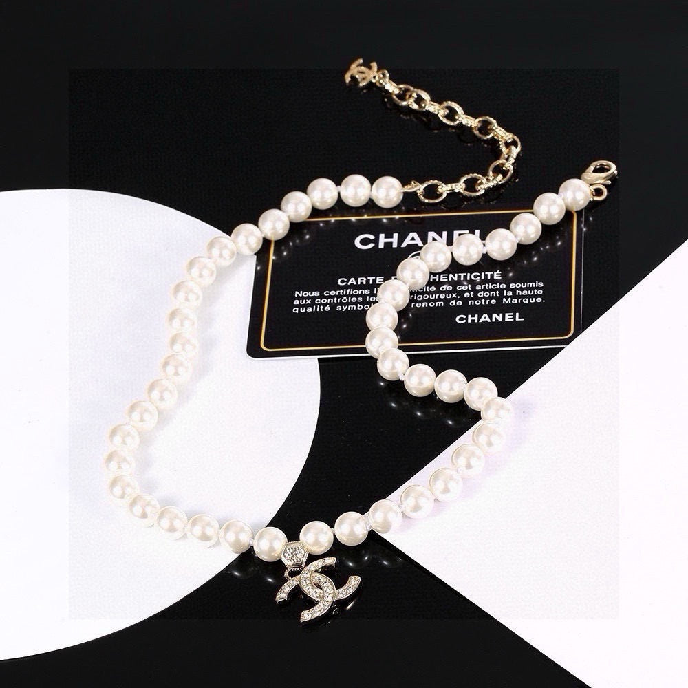 Double-C Emblem Pearl-Detail Pendant Necklace – Pearl Detail – Design 047 front product view
