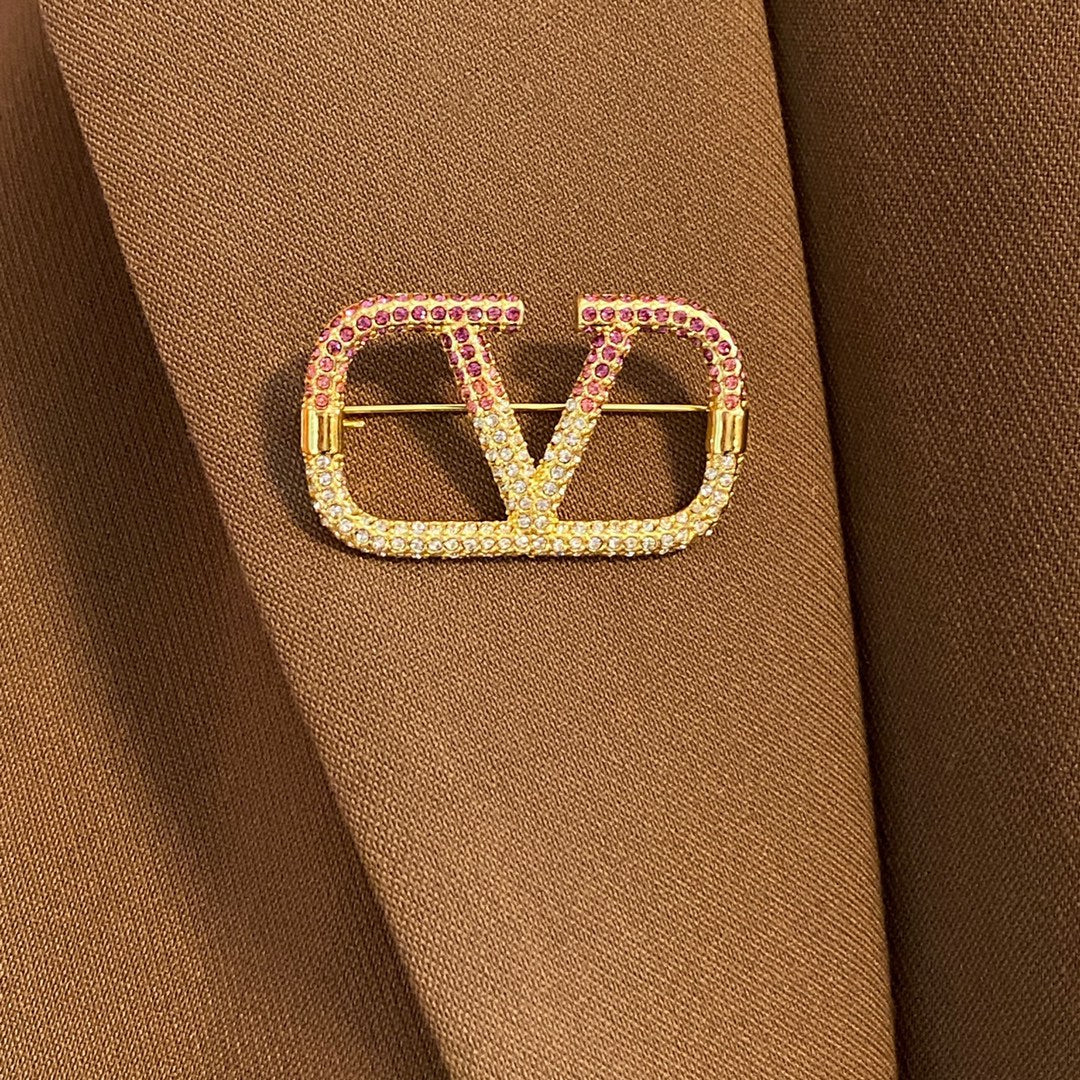 V Emblem Crystal-Accent Brooch close-up view