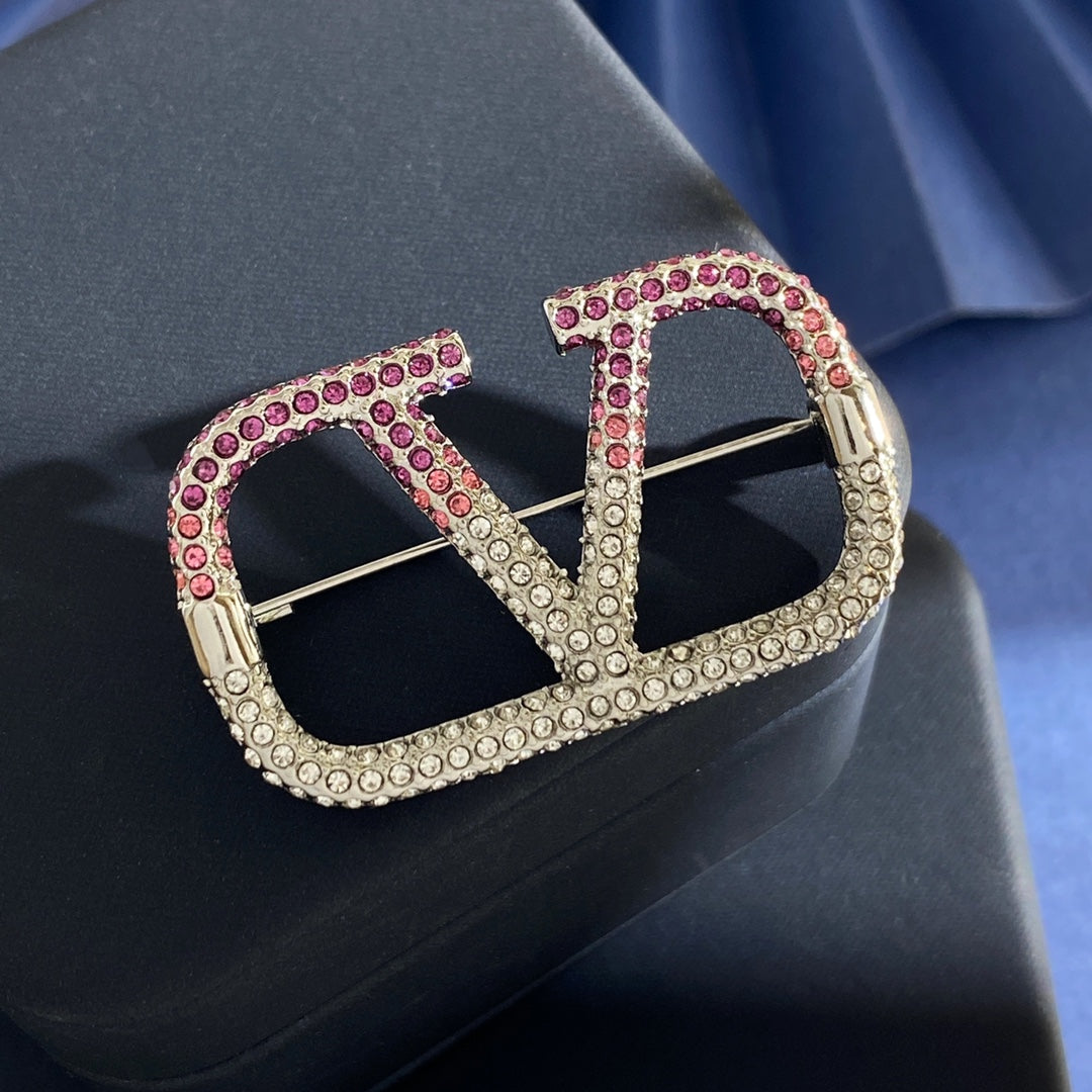 V Emblem Crystal-Accent Brooch front view