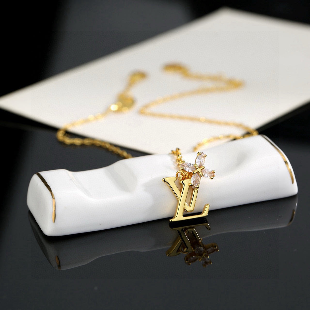 Letter Emblem Pendant Necklace in Gold-Tone – Design 005 styled product view