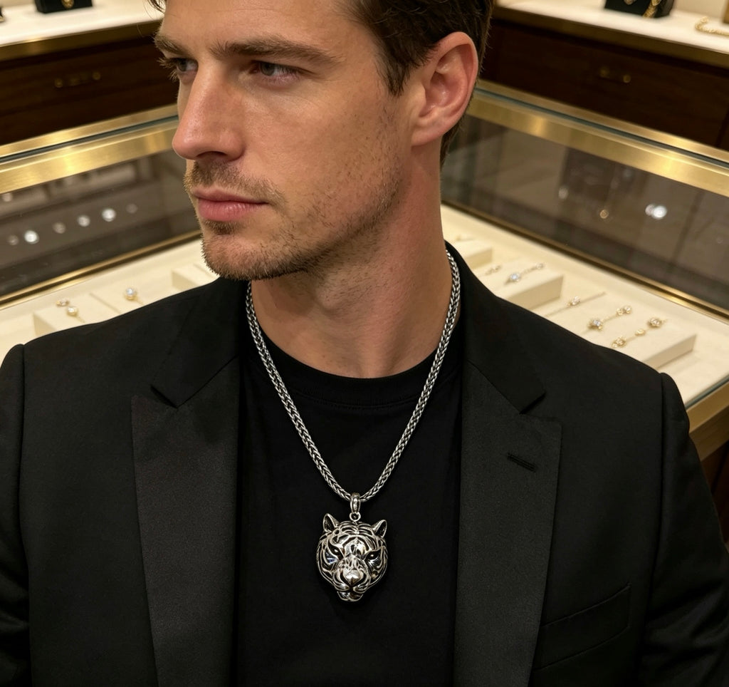 Double-G Emblem Pendant Necklace in Silver-Tone – Vintage Detail – Design 025 styled product view