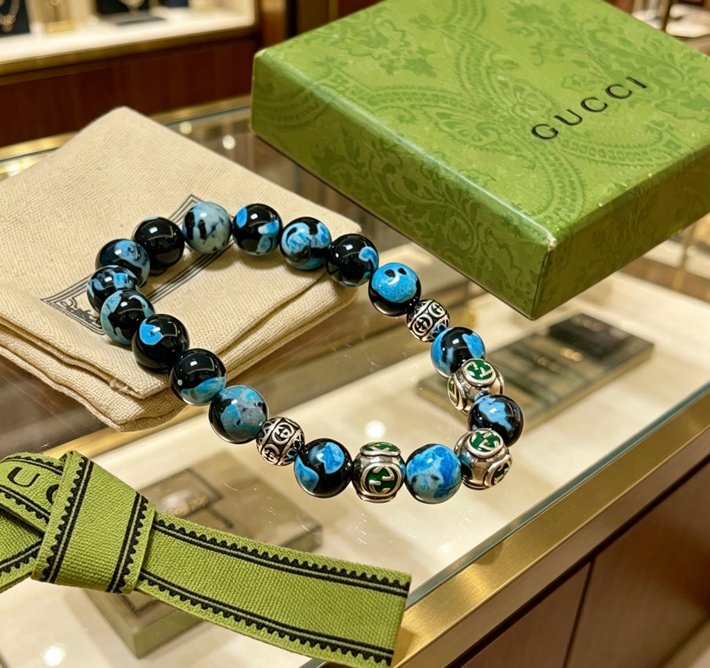 Double-G Emblem Beaded Bracelet in Polished Metal-Tone – Agate Detail – Design 014 front product view