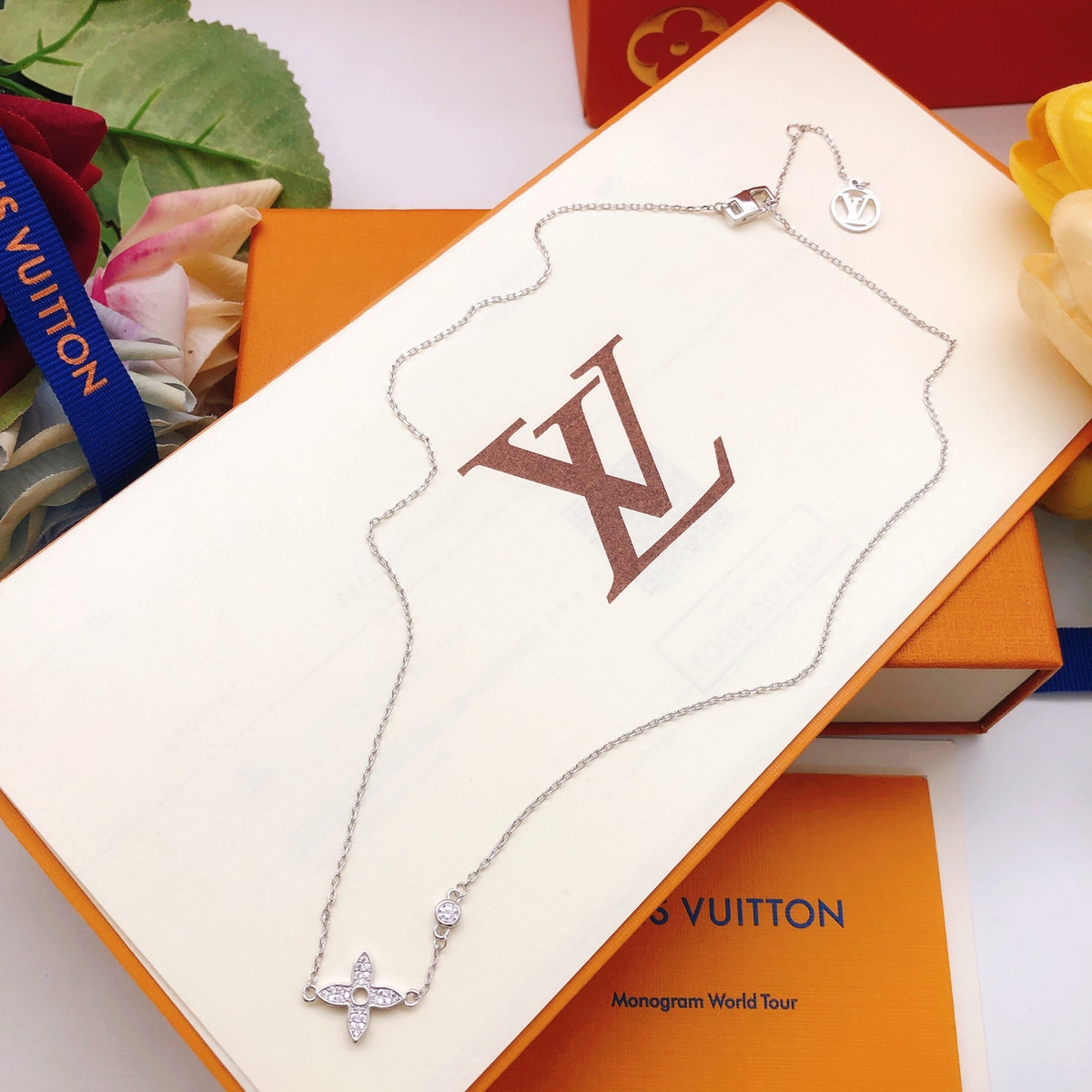 Floral Pendant Necklace in Silver-Tone – Silver Detail – Design 002 styled product view