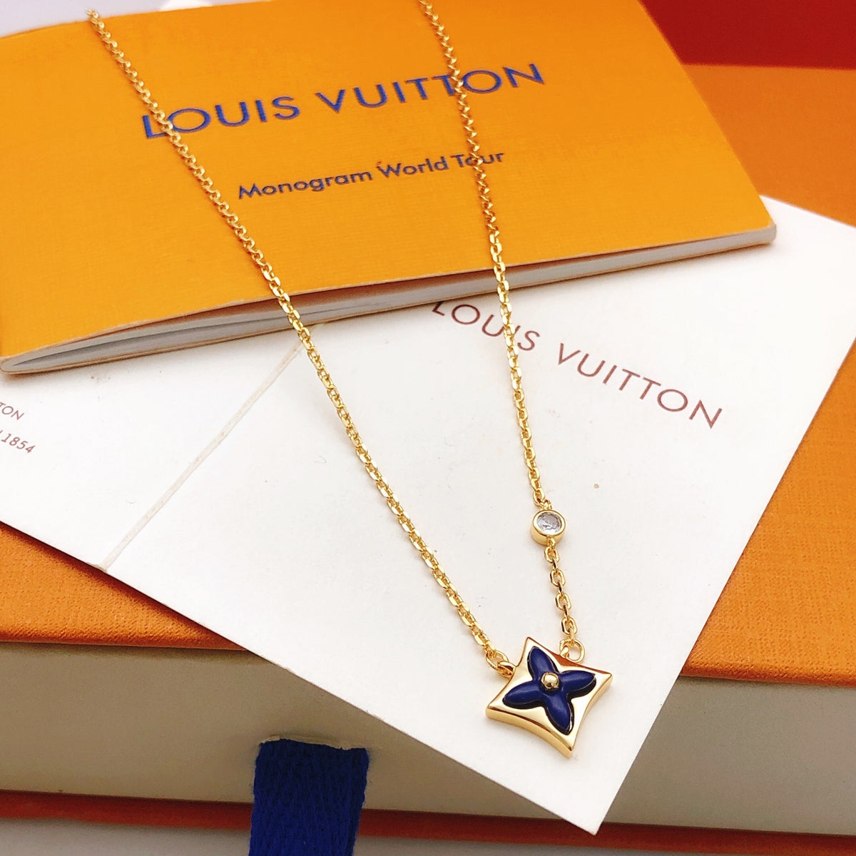 Geometric Emblem Pendant Necklace in Gold-Tone – Blue Detail – Design 005 front product view