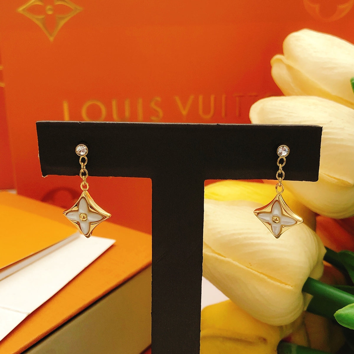 Geometric Emblem Stud Earrings in Gold-Tone – Design 026 close-up detail