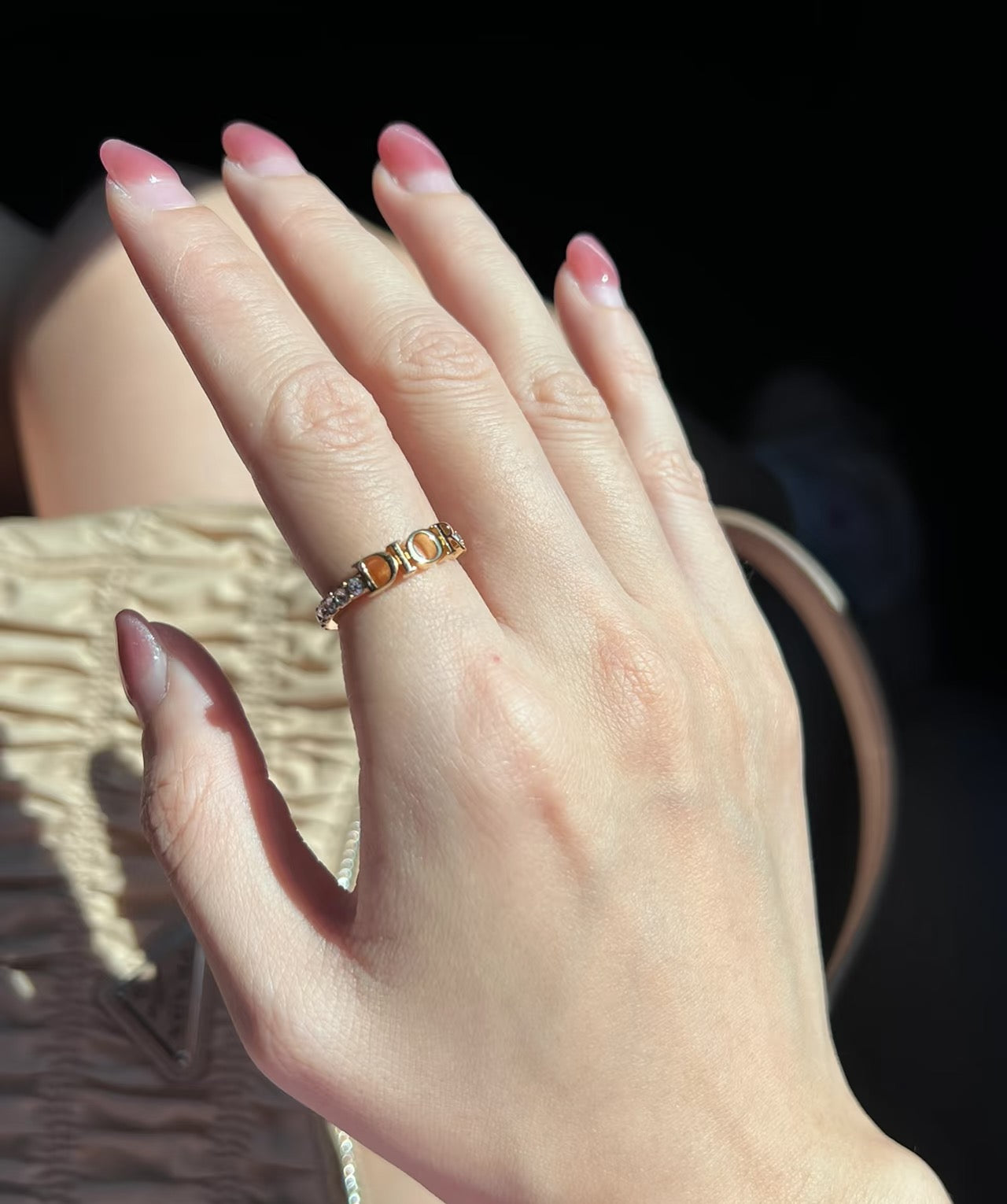 Graphic Letter Motif Statement Ring in Polished Metal-Tone with Crystal-Style Accents detail view