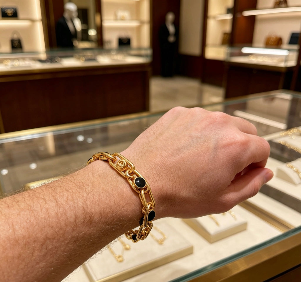 Geometric Emblem Bracelet in Polished Metal-Tone – Design 060 detail view