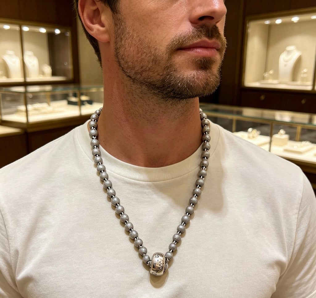Double-G Emblem Pendant Necklace in Silver-Tone – Vintage Detail – Design 026 styled product view