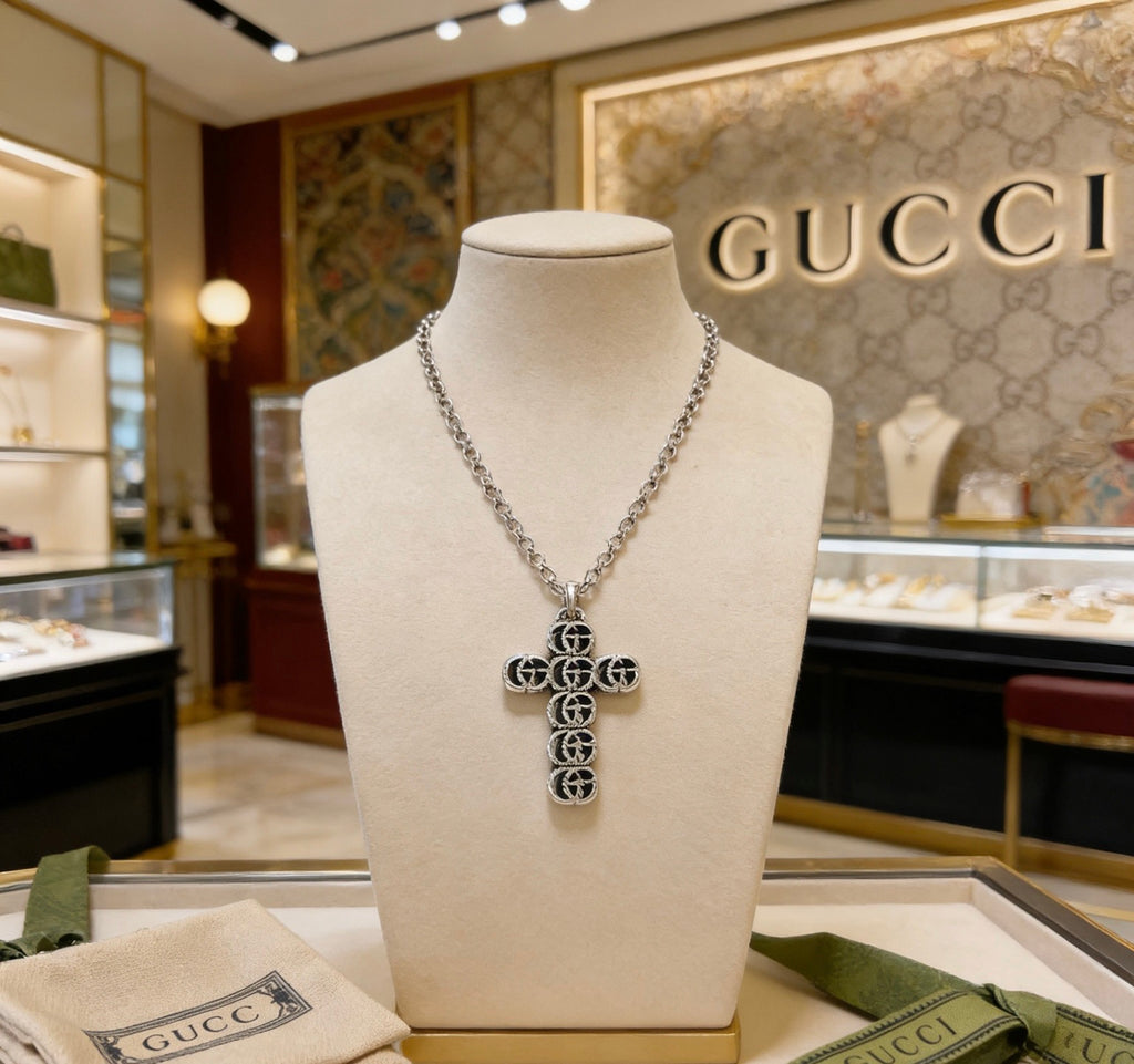 Double-G Emblem Pendant Necklace in Polished Metal-Tone – Design 114 main product view