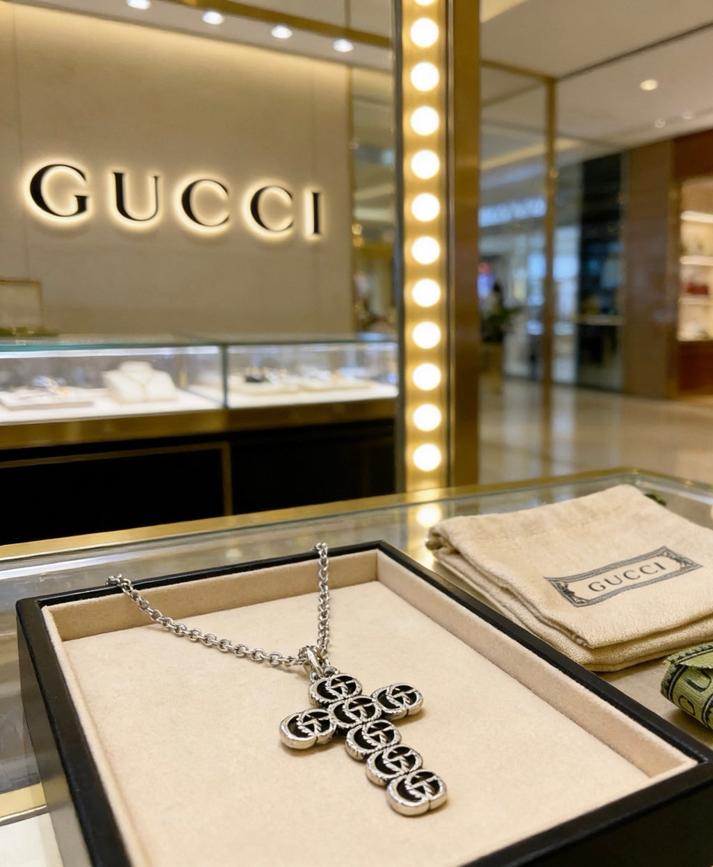 Double-G Emblem Pendant Necklace in Polished Metal-Tone – Design 114 close-up detail