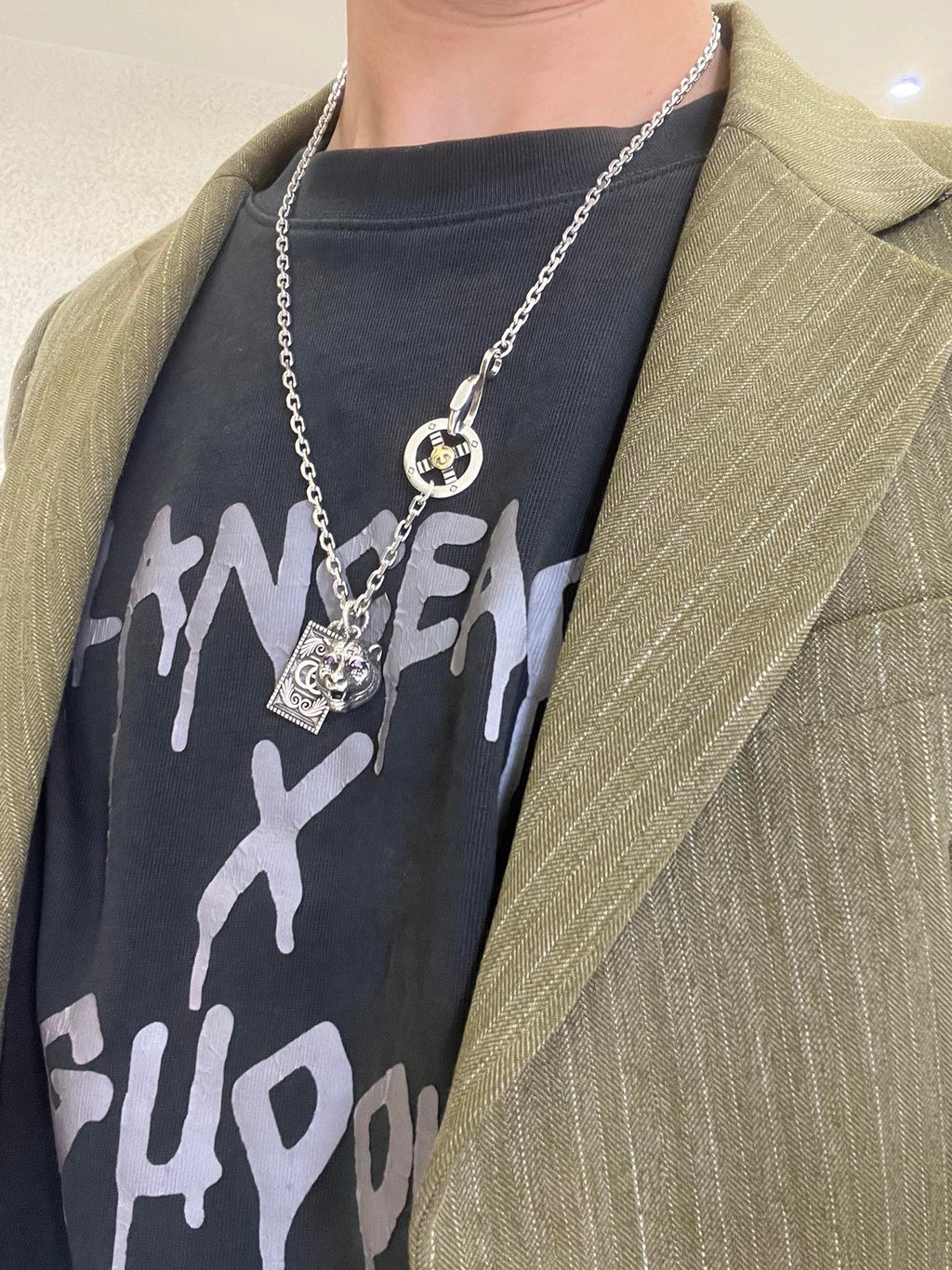 Double-G Emblem Pendant Necklace in Polished Metal-Tone – Vintage Detail – Design 028 styled product view