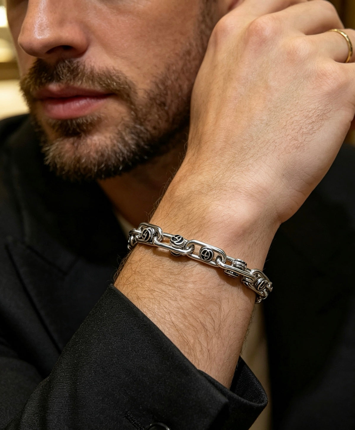 Geometric Emblem Bracelet in Polished Metal-Tone – Design 058 detail view