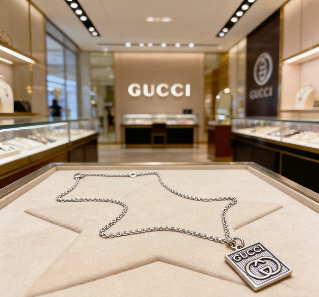 Double-G Emblem Pendant Necklace in Silver-Tone – Vintage Detail – Design 031 front product view