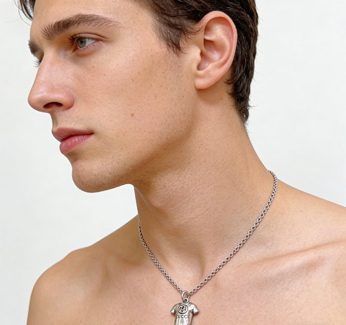 Double-G Emblem Pendant Necklace in Silver-Tone – Vintage Detail – Design 029 styled product view