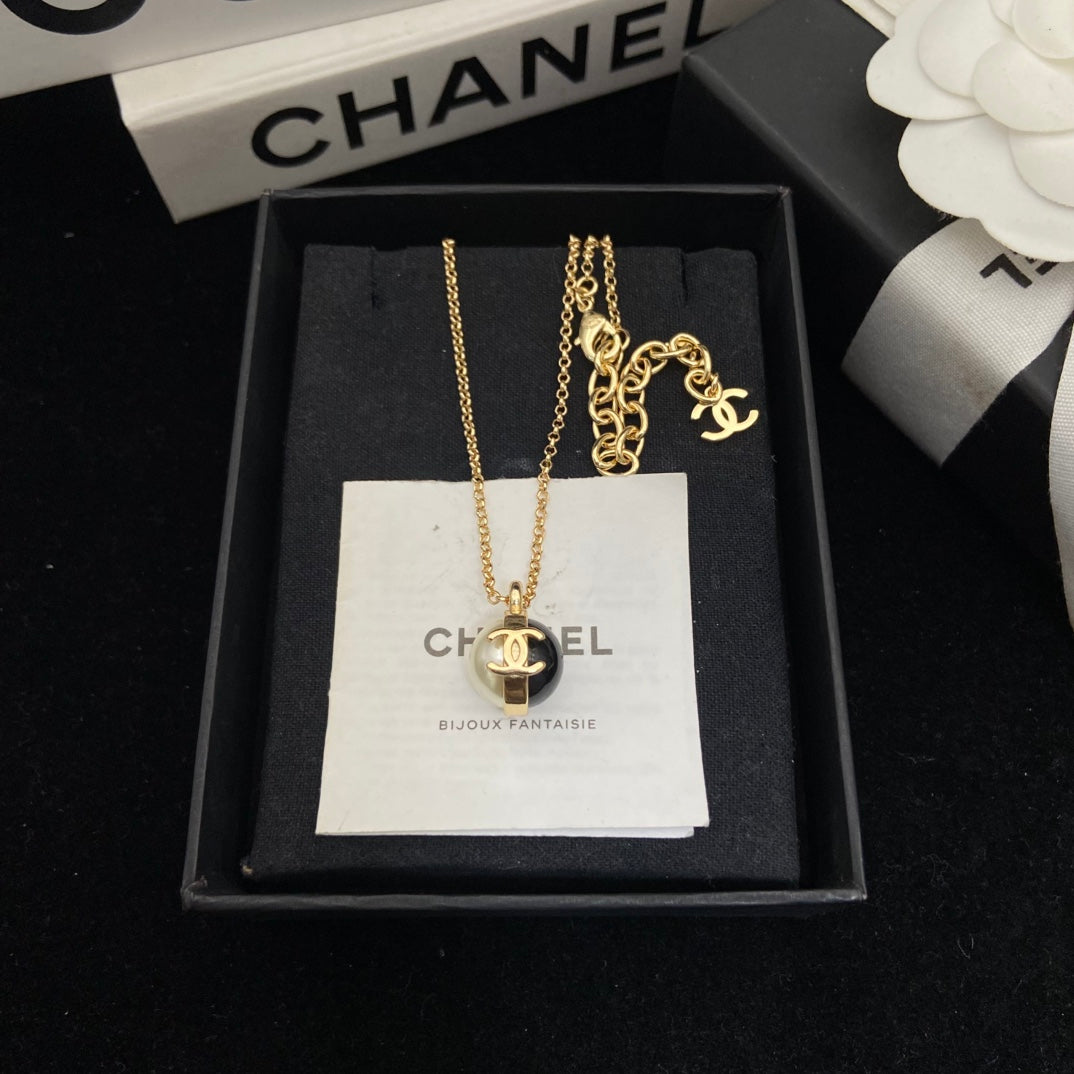 Double-C Emblem Pearl-Detail Pendant Necklace – Pearl Detail – Design 065 front product view