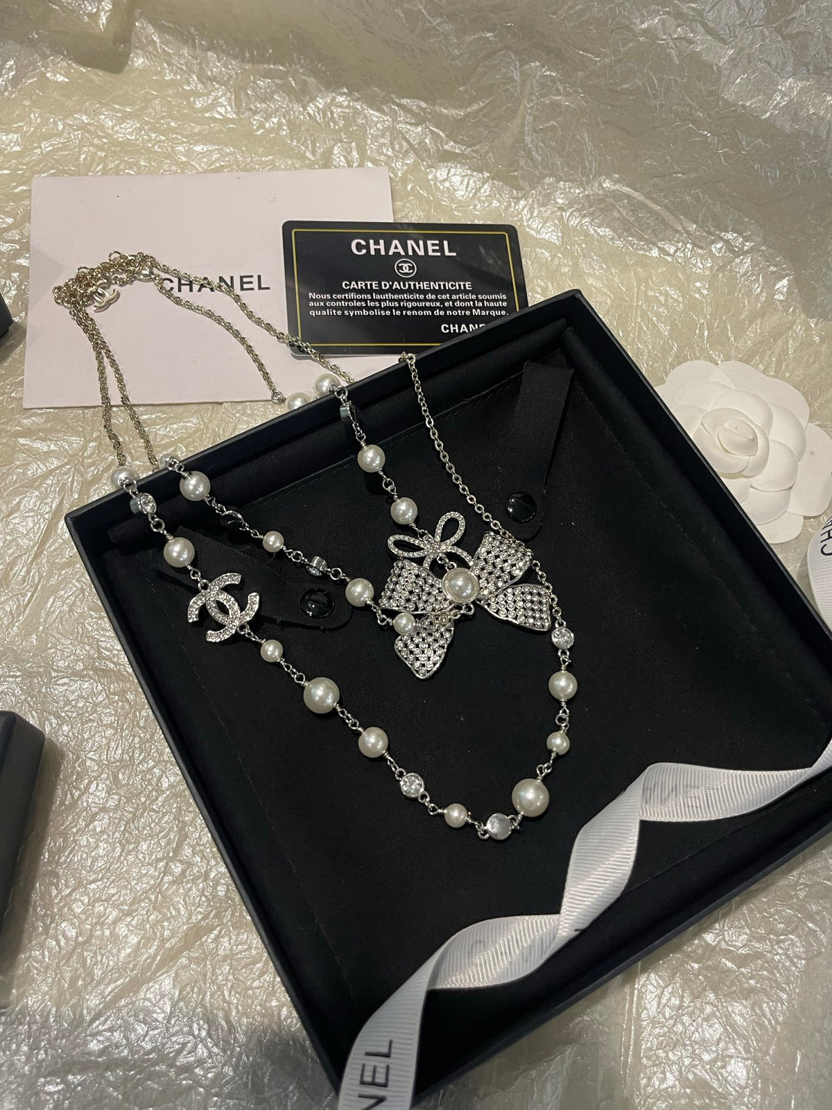 Double-C Emblem Pearl-Detail Pendant Necklace – Pearl Detail – Design 072 front product view