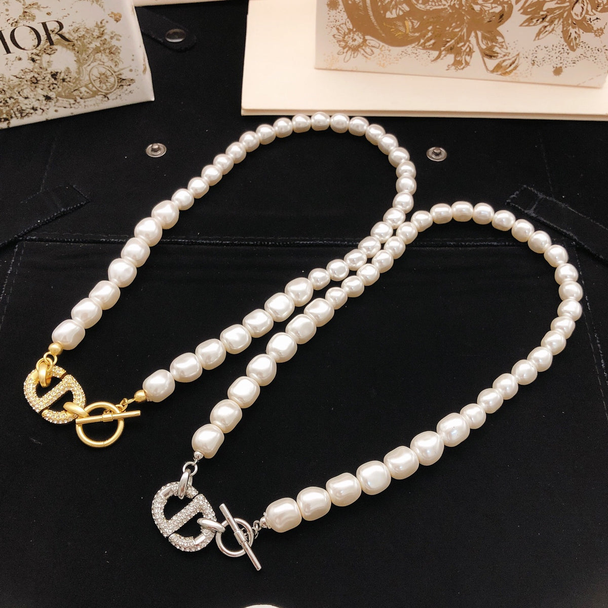 Pearl-Style Motif Pendant Necklace in Polished Metal-Tone with Pearl-Style Detail – Design 010 side detail
