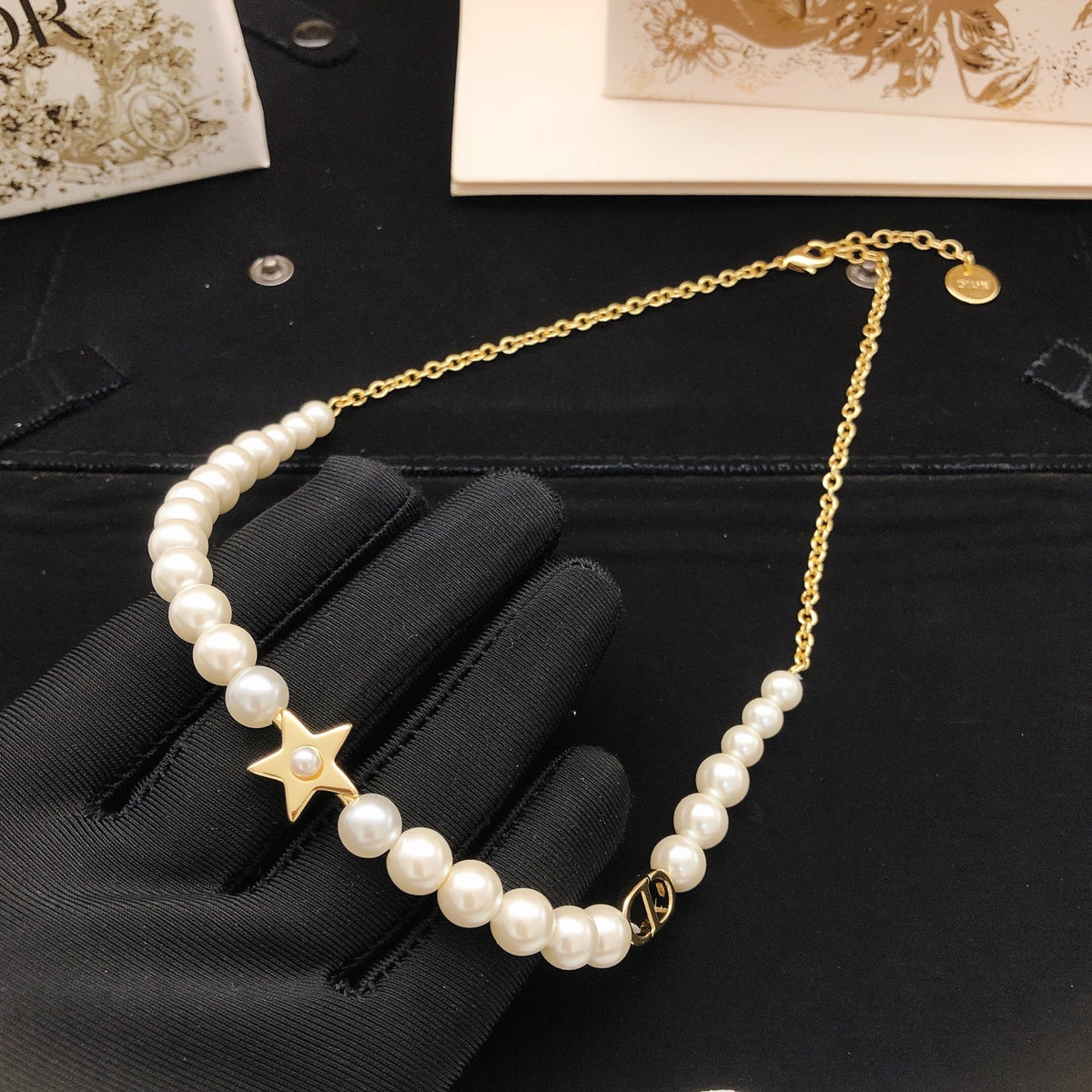 Pearl-Style Motif Pendant Necklace in Polished Metal-Tone with Pearl-Style Detail – Design 009 side detail