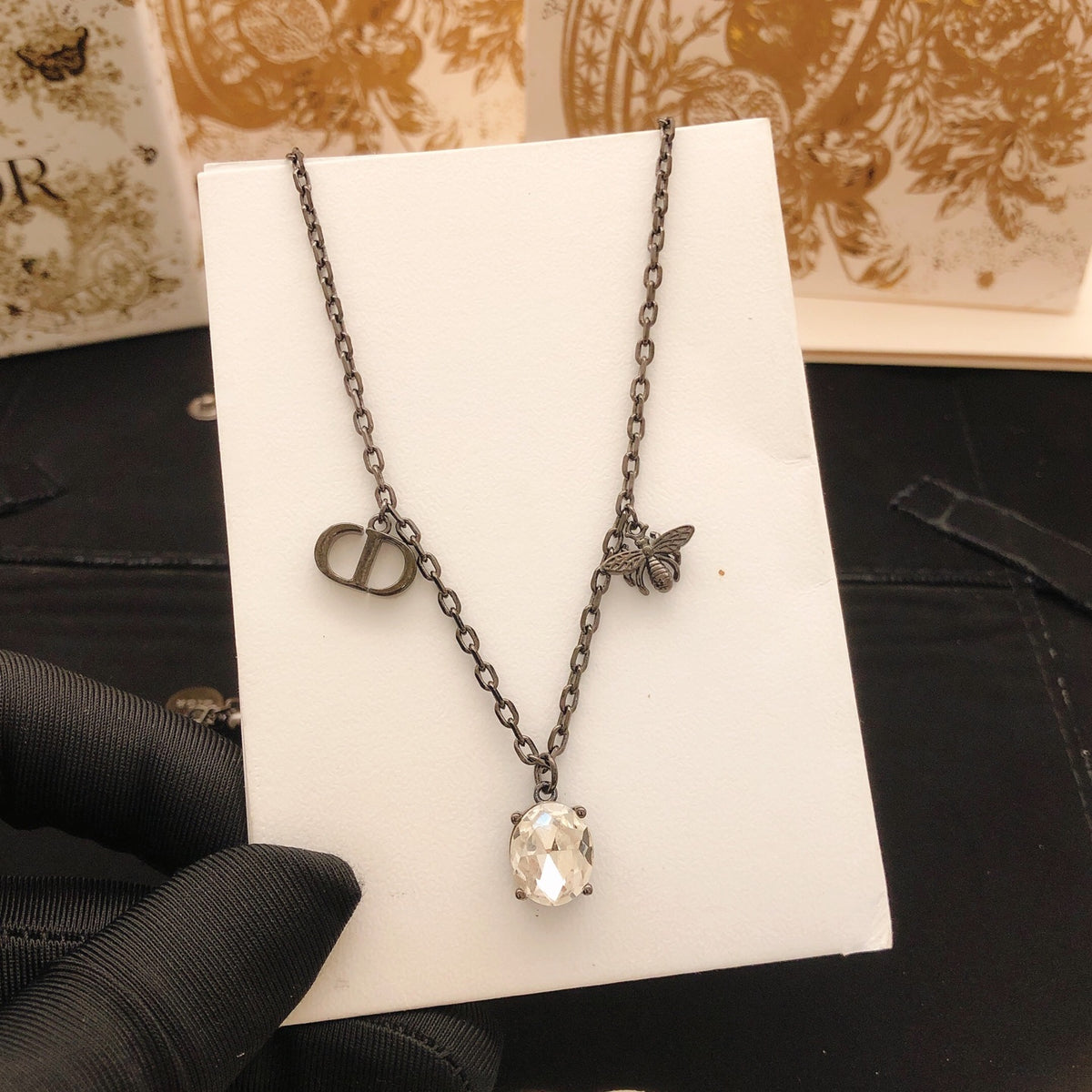 Bee Motif Pendant Necklace in Black-Tone – Design 001 detail view