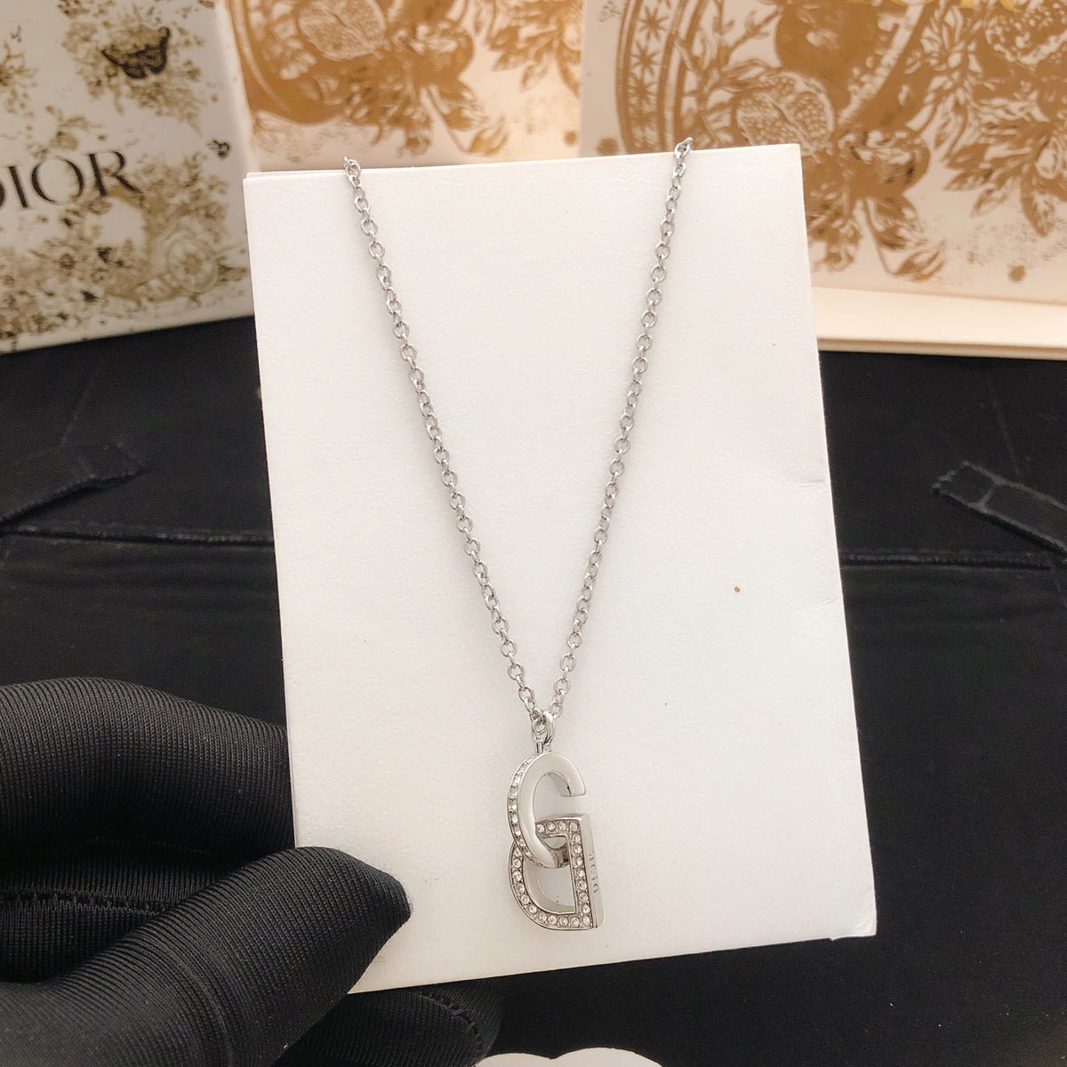 Graphic Letter Motif Pendant Necklace in Silver-Tone with Crystal-Style Accents – Design 001 detail view