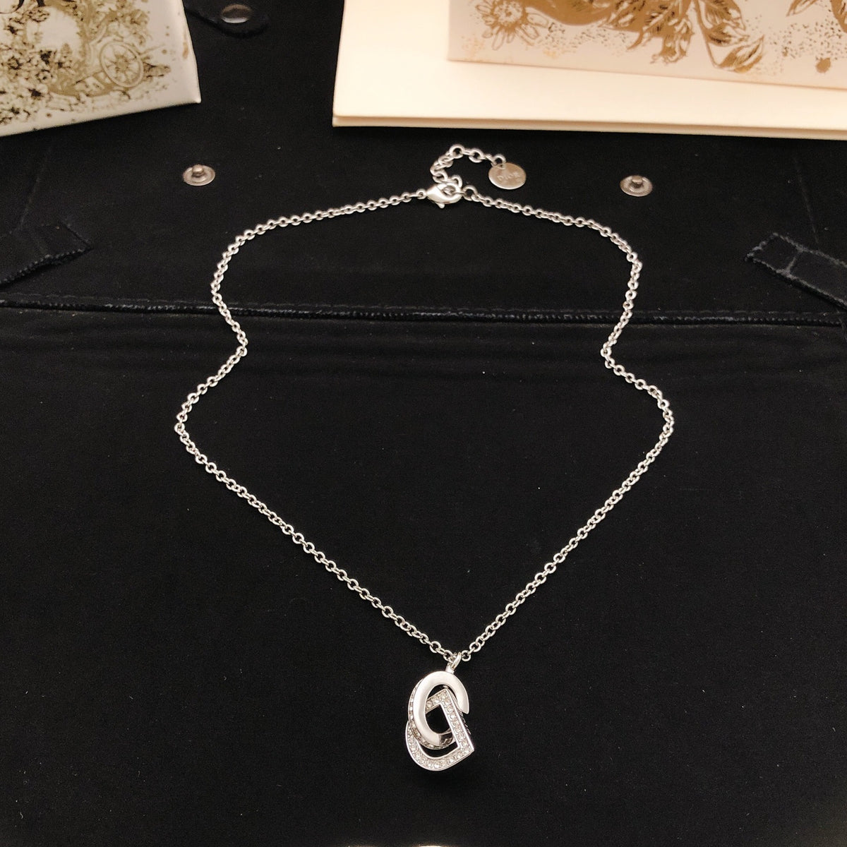 Graphic Letter Motif Pendant Necklace in Silver-Tone with Crystal-Style Accents – Design 001 side detail