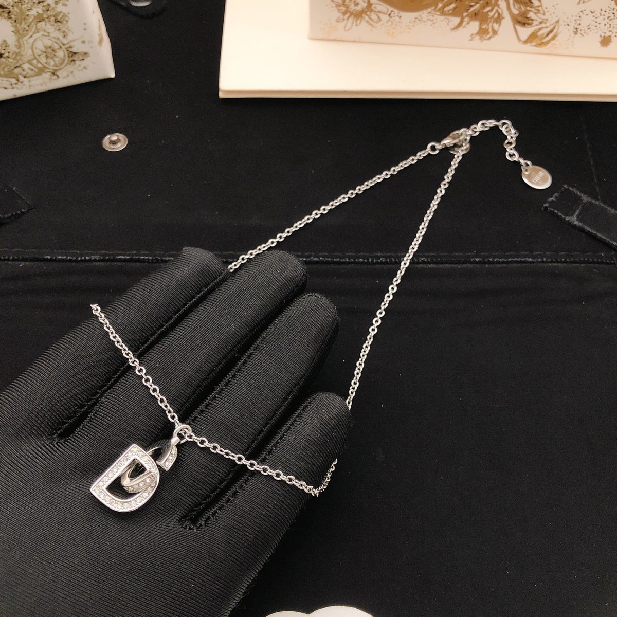Graphic Letter Motif Pendant Necklace in Silver-Tone with Crystal-Style Accents – Design 001 front view