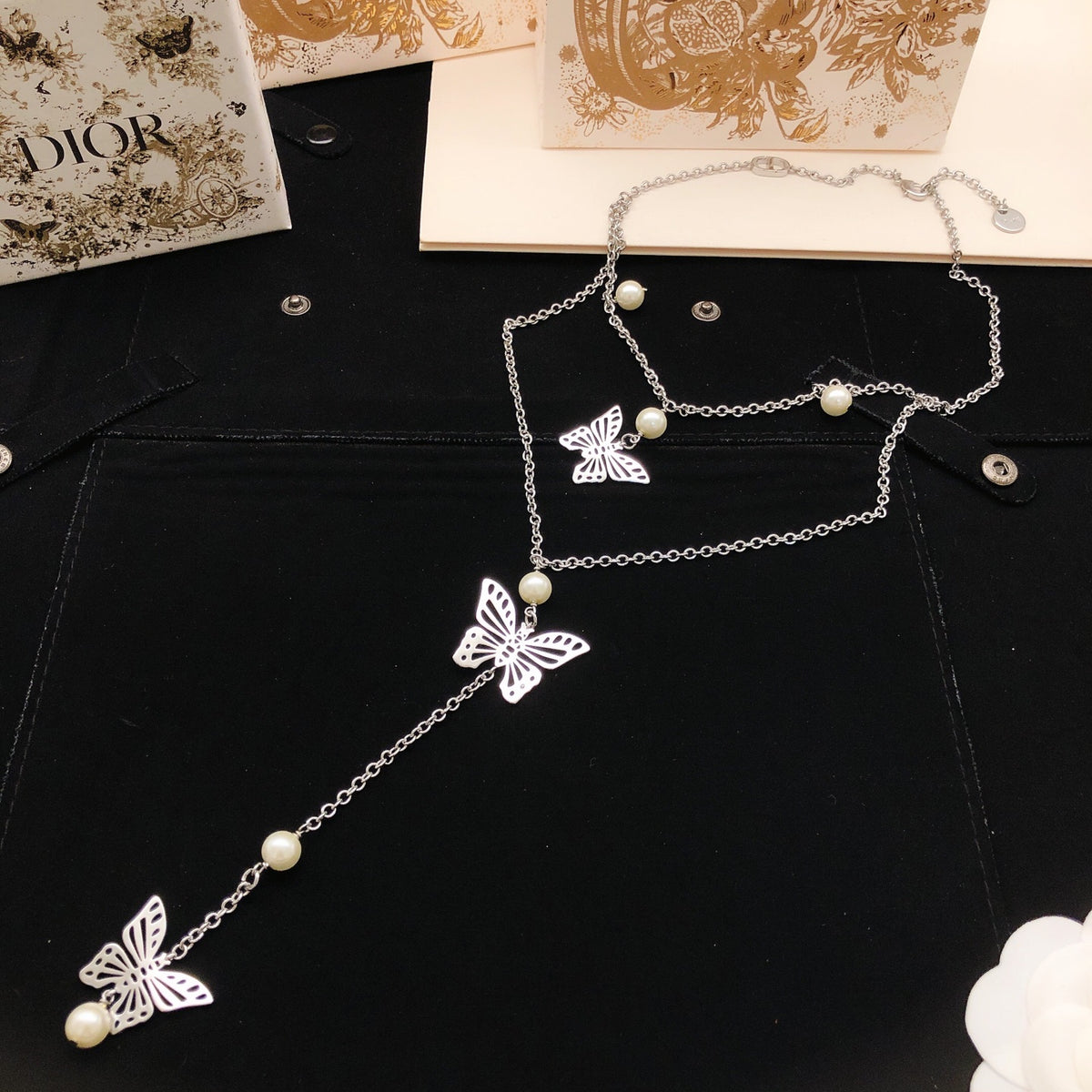Bow & Butterfly Motif Pendant Necklace in Silver-Tone with Layered Detail main product view