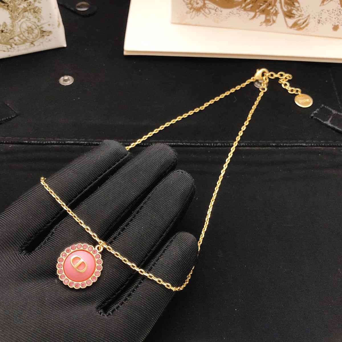 Sculptural Pendant Necklace in Polished Metal-Tone with Crystal-Style Accents – Design 001 side detail