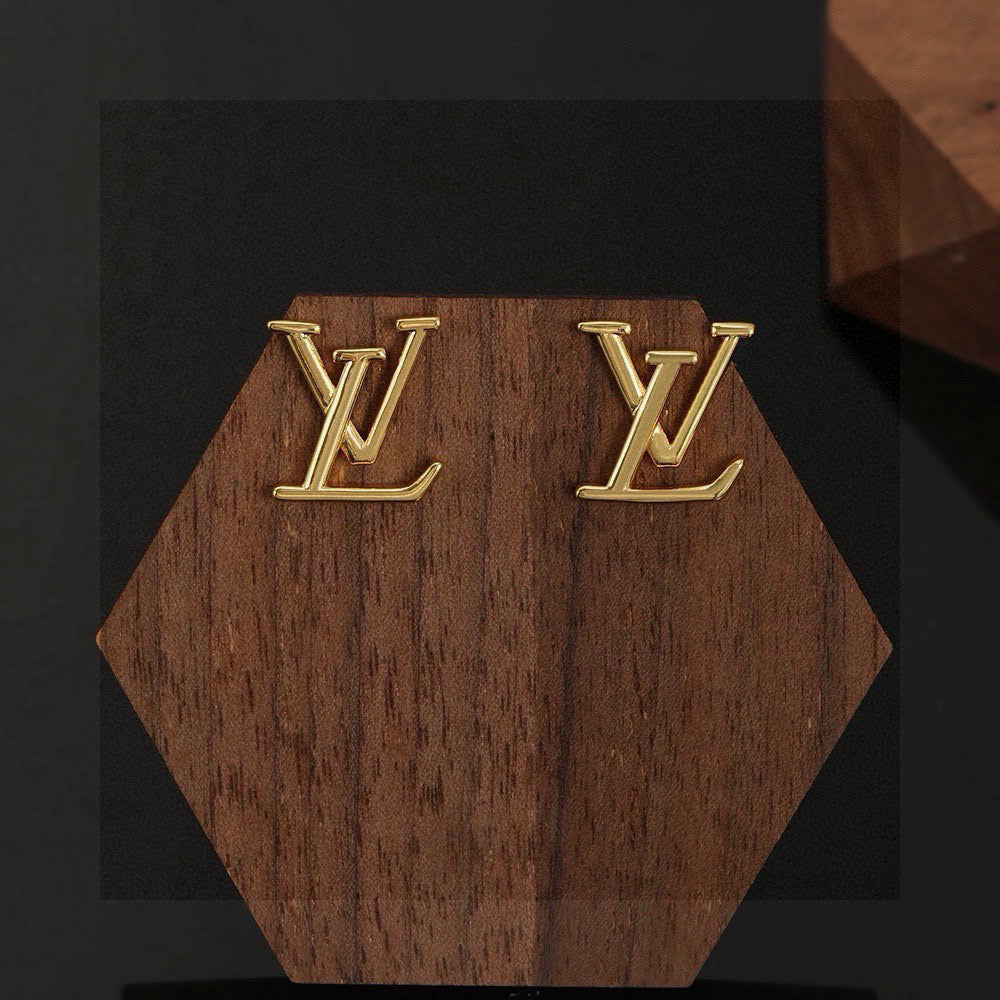 Letter Emblem Stud Earrings in Gold-Tone – Design 006 front product view