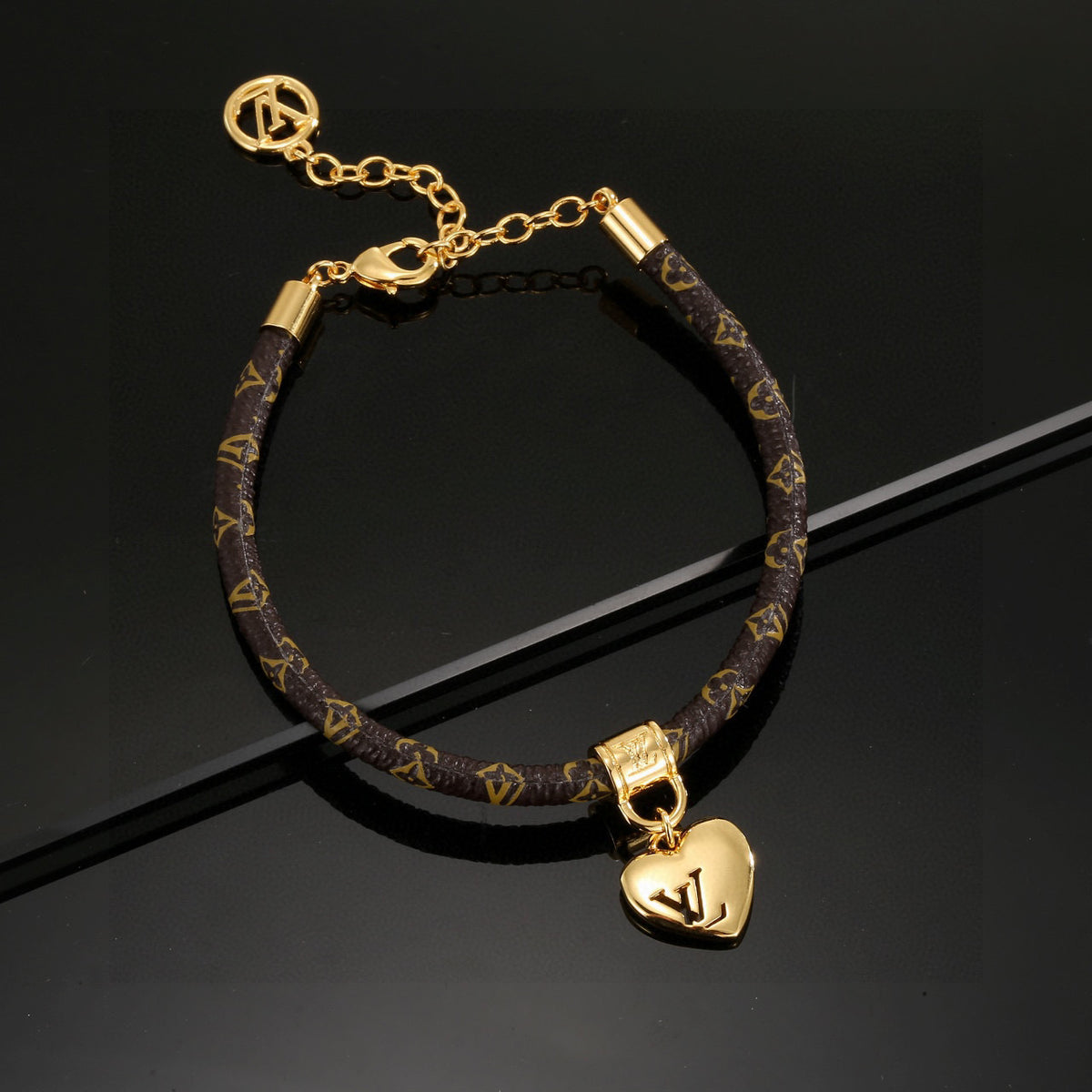 Geometric Emblem Bangle in Gold-Tone – Leather Detail – Design 004 close-up detail