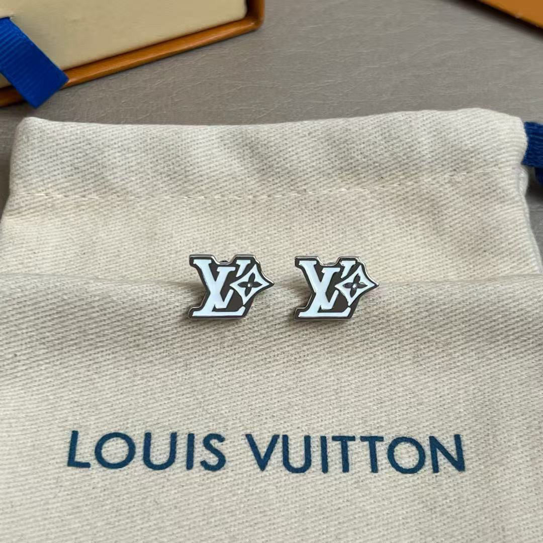 Letter Emblem Stud Earrings in Polished Metal-Tone – Design 019 front product view