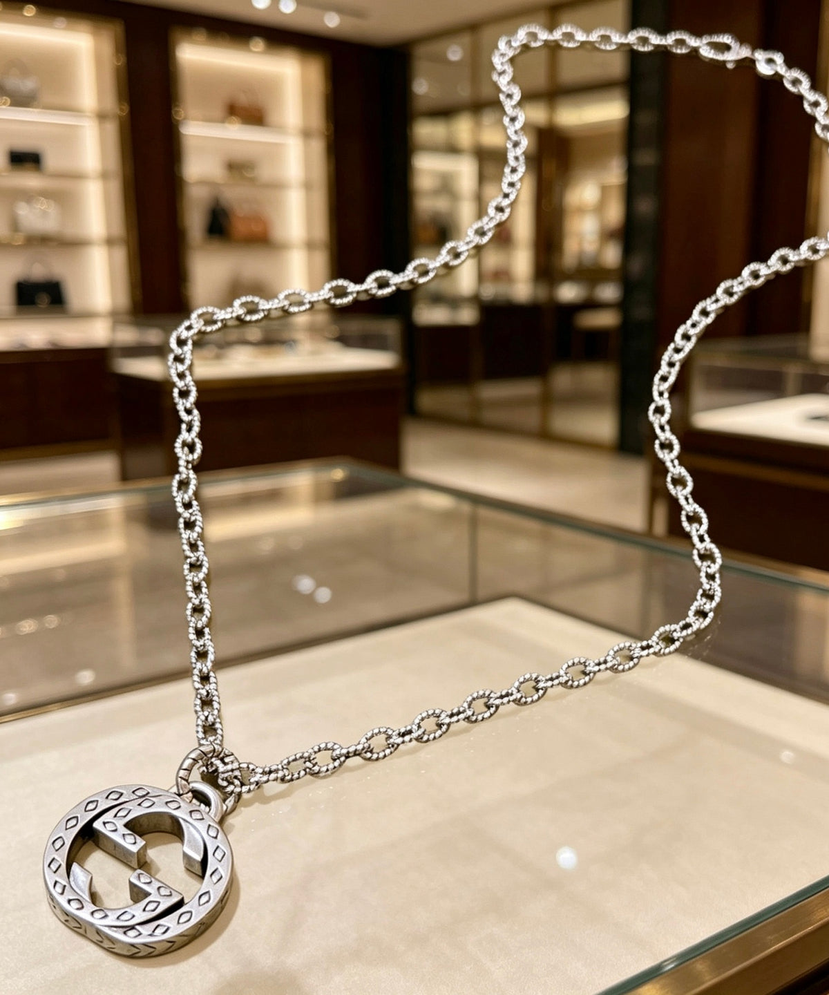 Double-G Emblem Pendant Necklace in Polished Metal-Tone – Design 129 side detail