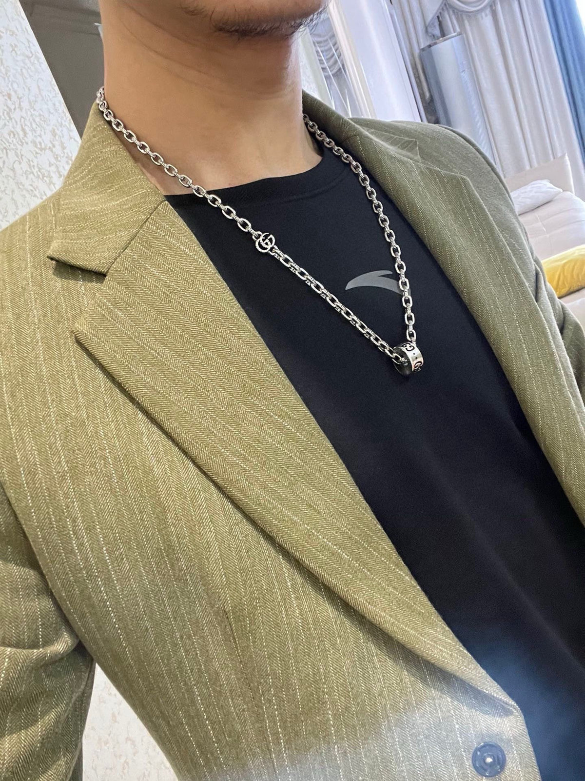 Double-G Emblem Pendant Necklace in Polished Metal-Tone – Design 128 styled product view