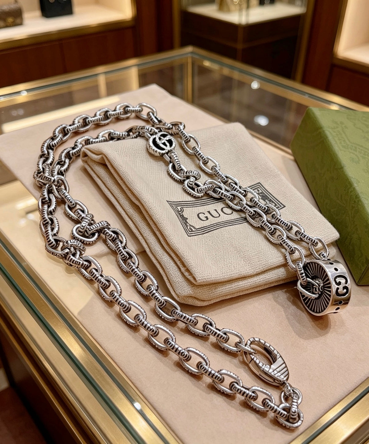 Double-G Emblem Pendant Necklace in Polished Metal-Tone – Design 128 front product view