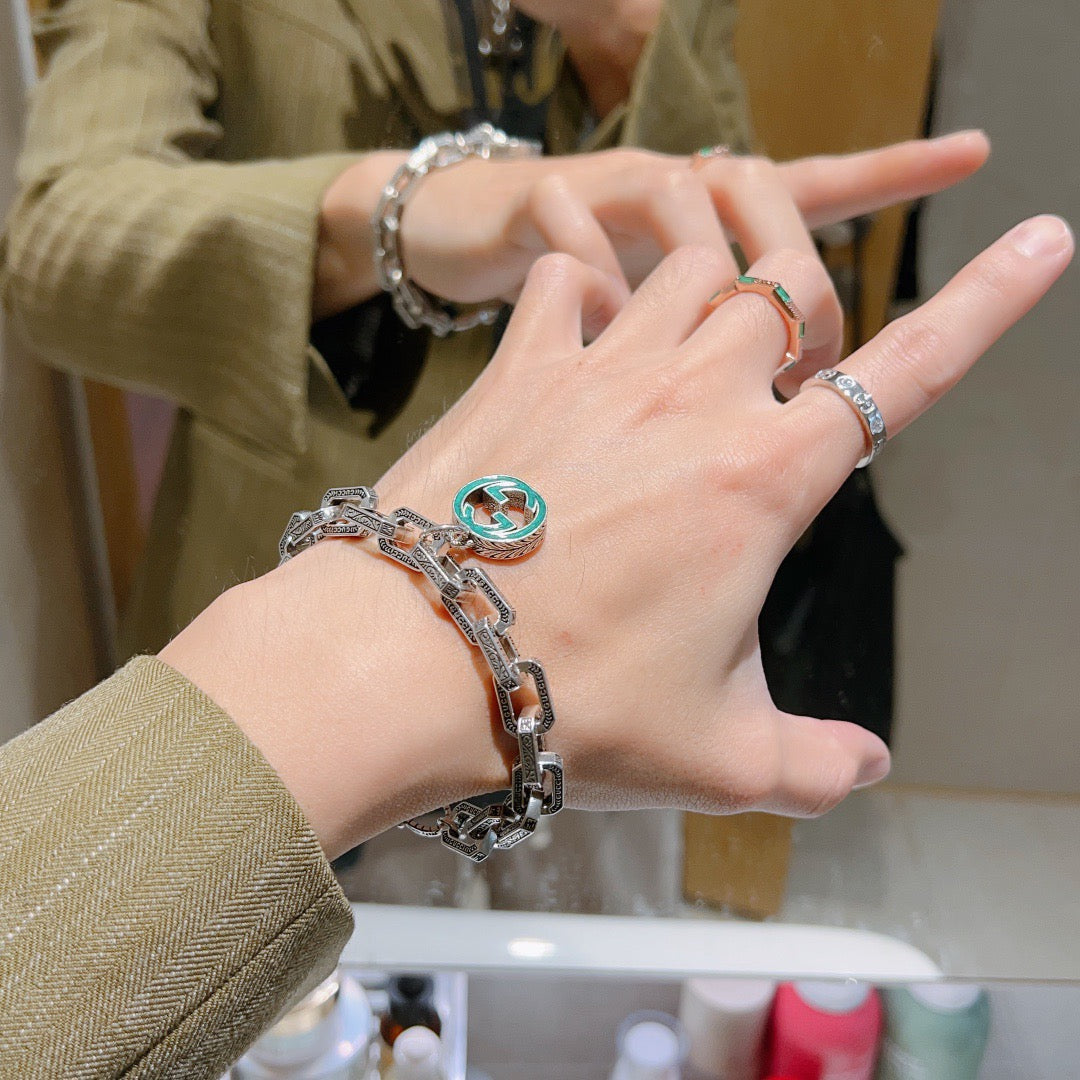 Geometric Emblem Bracelet in Polished Metal-Tone – Design 064 detail view