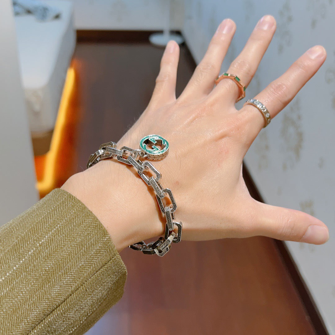 Geometric Emblem Bracelet in Polished Metal-Tone – Design 064 detail view