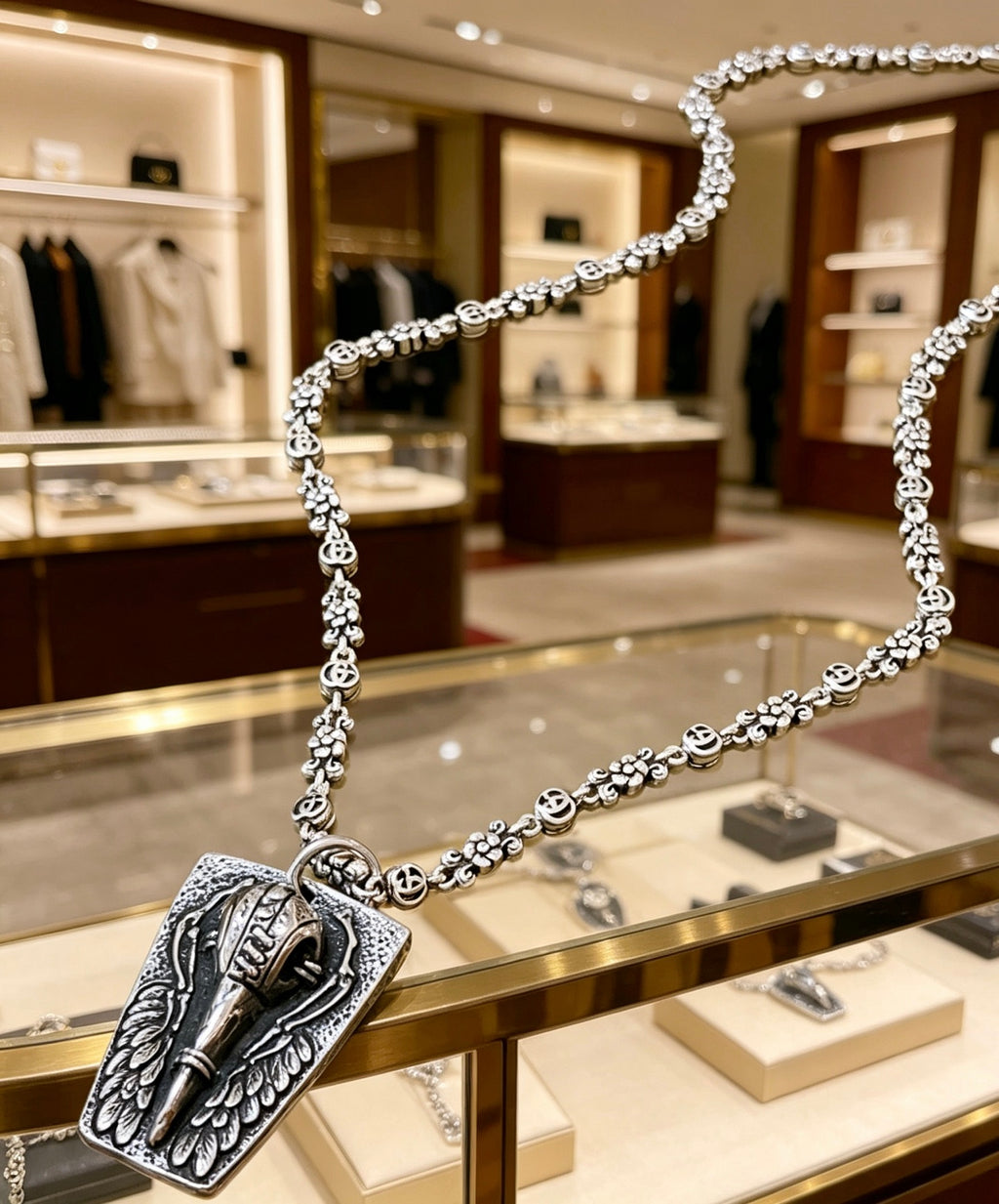 Double-G Emblem Pendant Necklace in Polished Metal-Tone – Vintage Detail – Design 033 styled product view