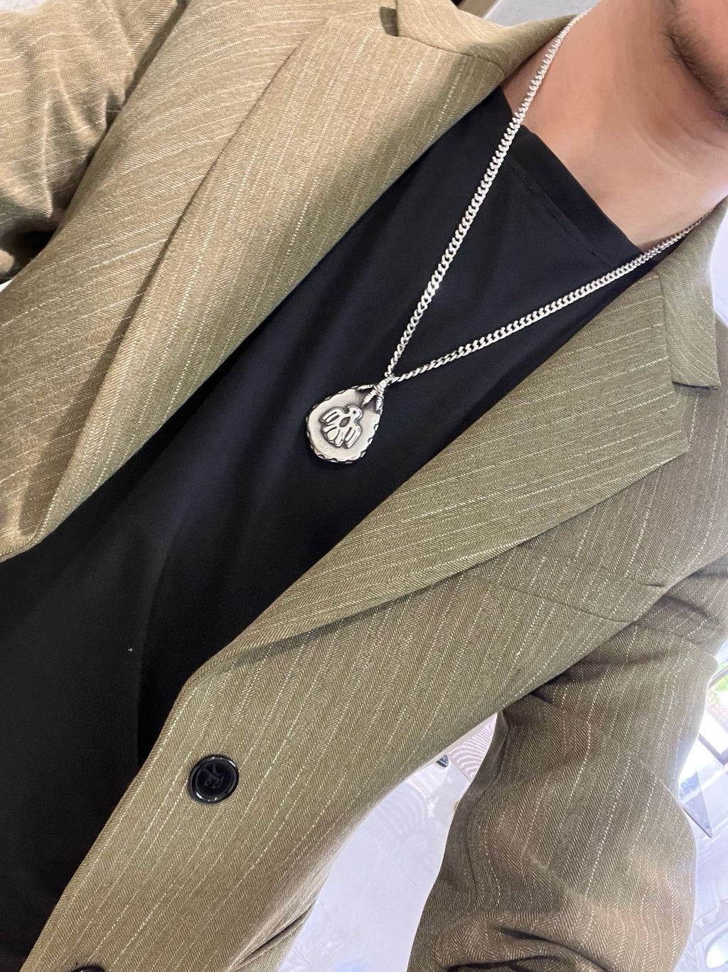 Double-G Emblem Pendant Necklace in Silver-Tone – Vintage Detail – Design 034 styled product view