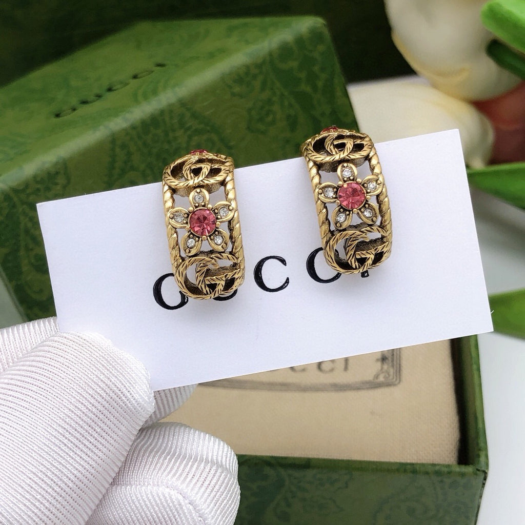 Geometric Emblem Stud Earrings in Polished Metal-Tone – Vintage Detail – Design 003 main product view